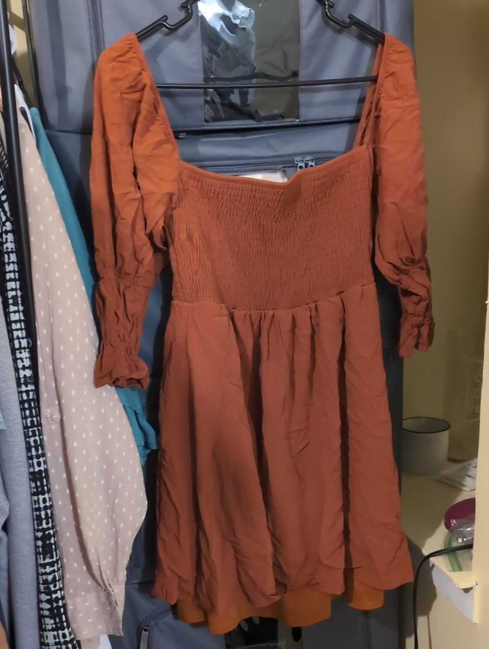 Rust Brown Smocked Square-Neck Dress - Women's